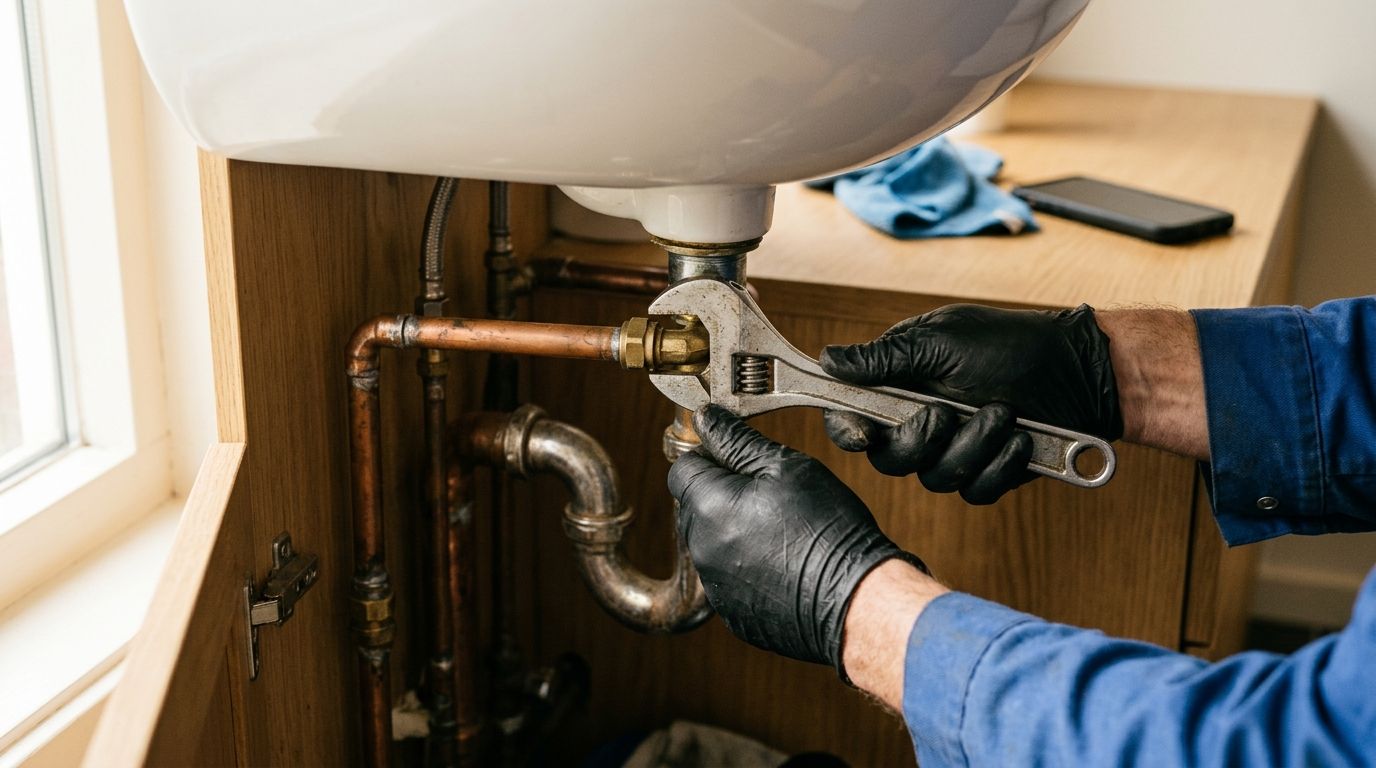 Loodgieter aan de slag met moersleutel onder een wasbak, blauwe werkkleding