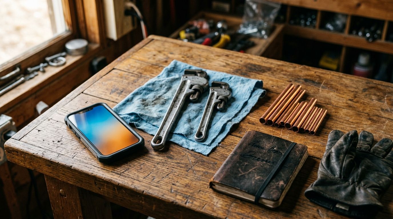 Loodgieter smartphone op houten werkbank met gereedschap, koperen buizen en notitieboek