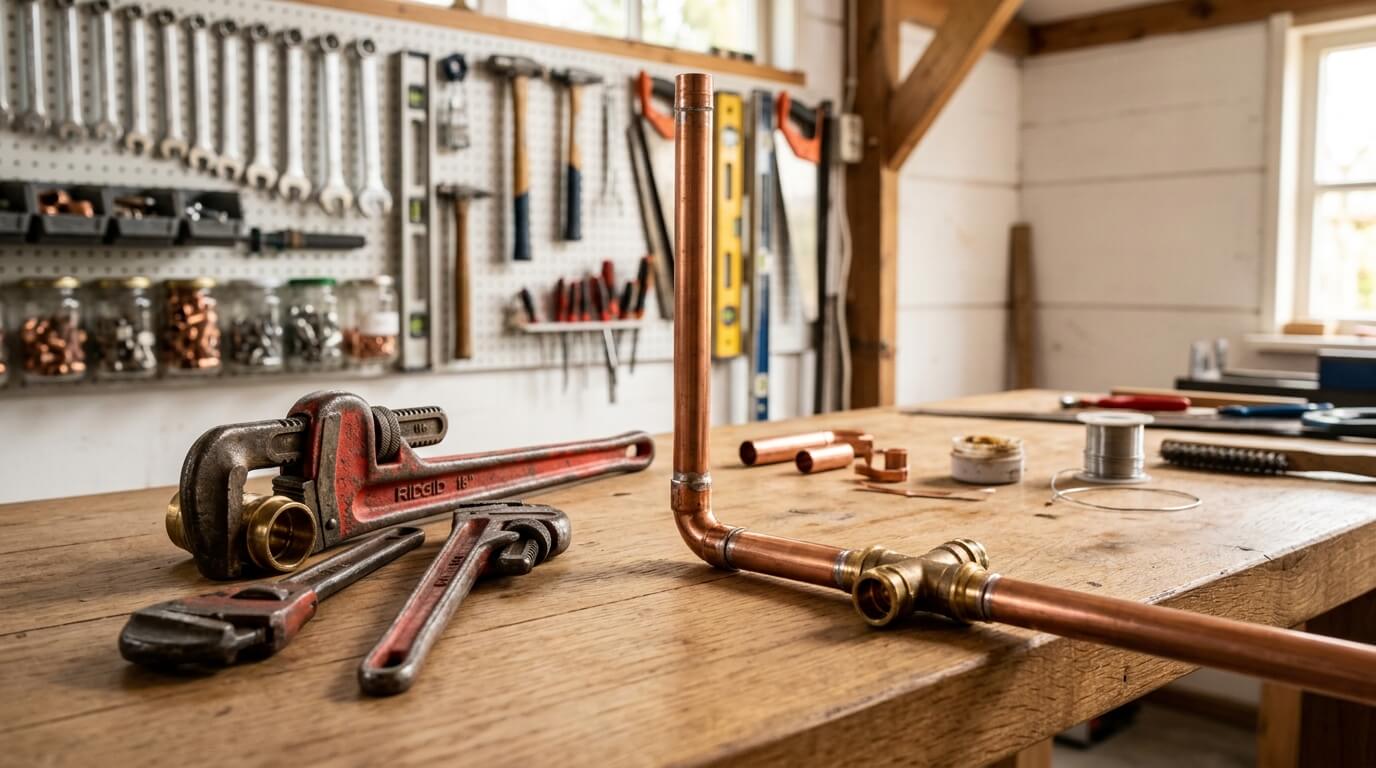 Koperen leidingen en gereedschap op een werkbank