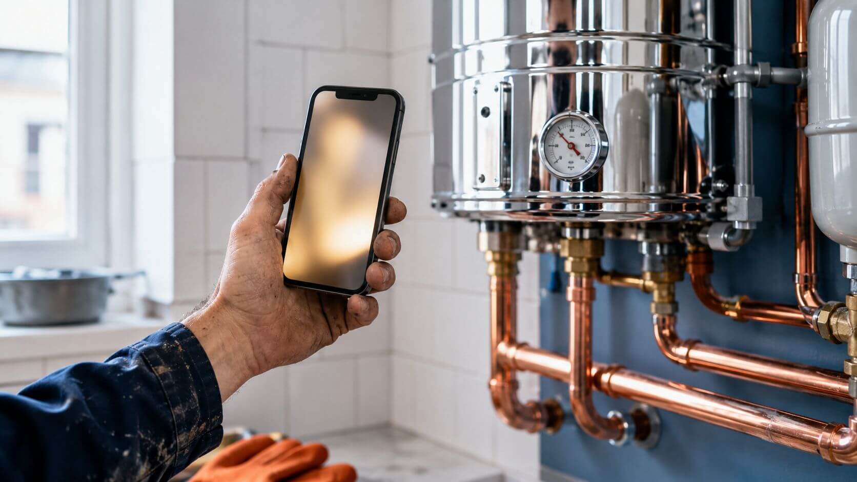Loodgieter bekijkt een klusfoto op zijn telefoon naast een net gemonteerde cv-ketel in een Nederlandse meterkast, koperen leidingen en manometer zichtbaar