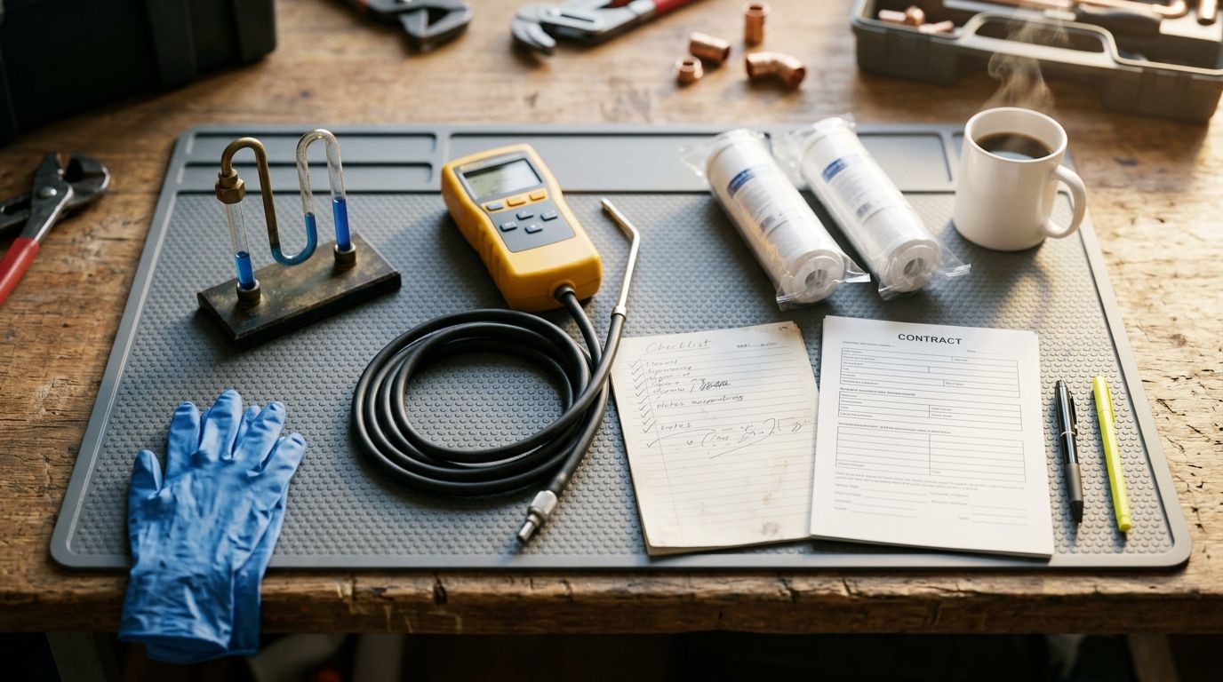 Werkbank van een loodgieter met CV-ketel-onderdelen, manometer, koffie