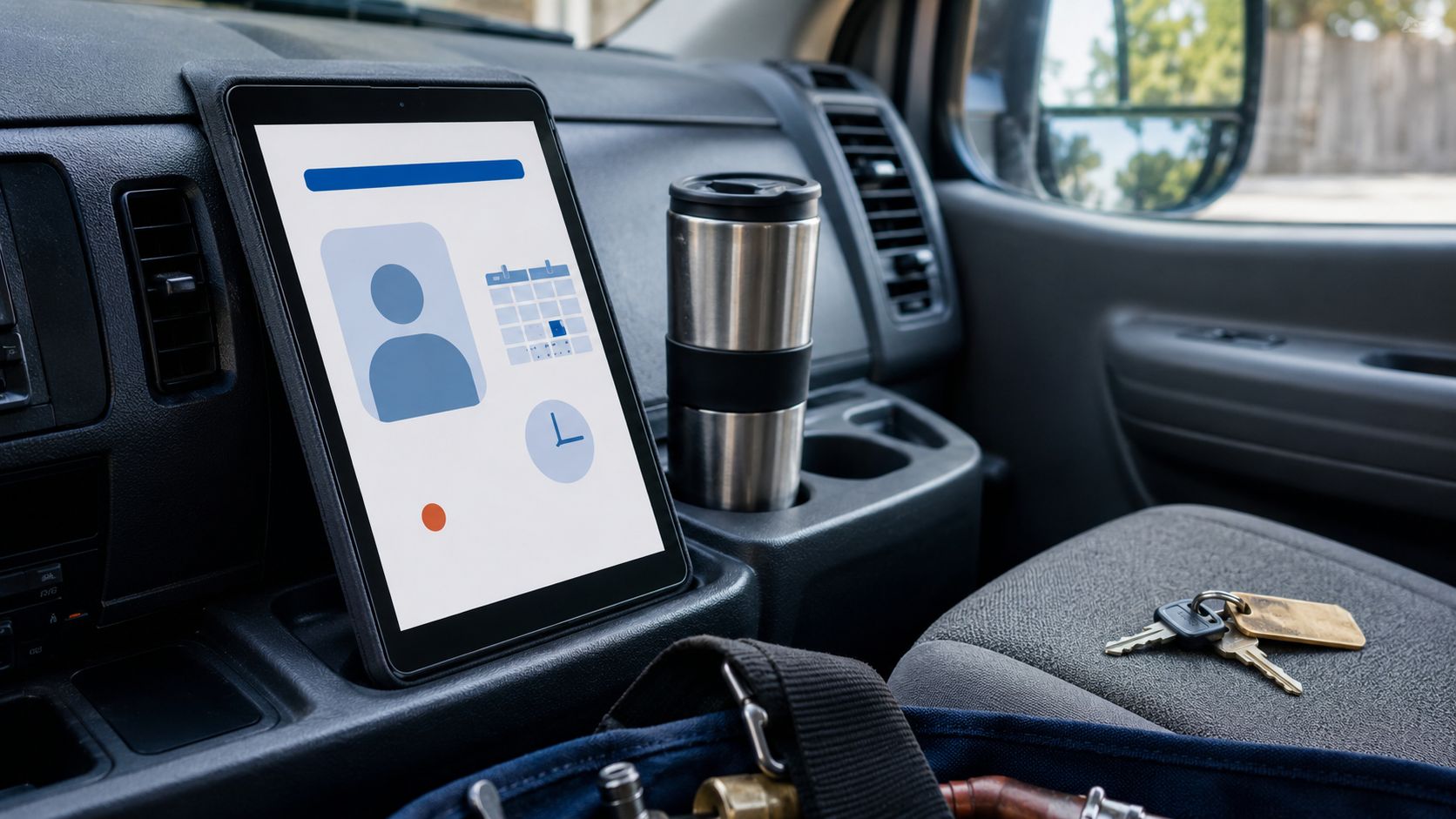 Klantkaart van een loodgieter op een tablet met installatiedatum en garantie