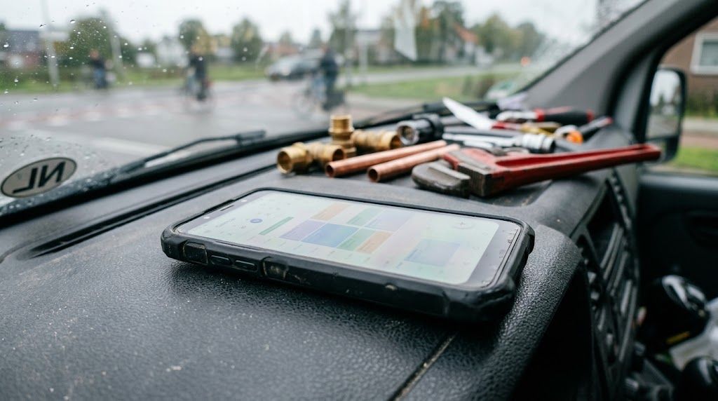 Loodgieter checkt zijn smartphone met afspraak-reminder voor zijn bestelbus