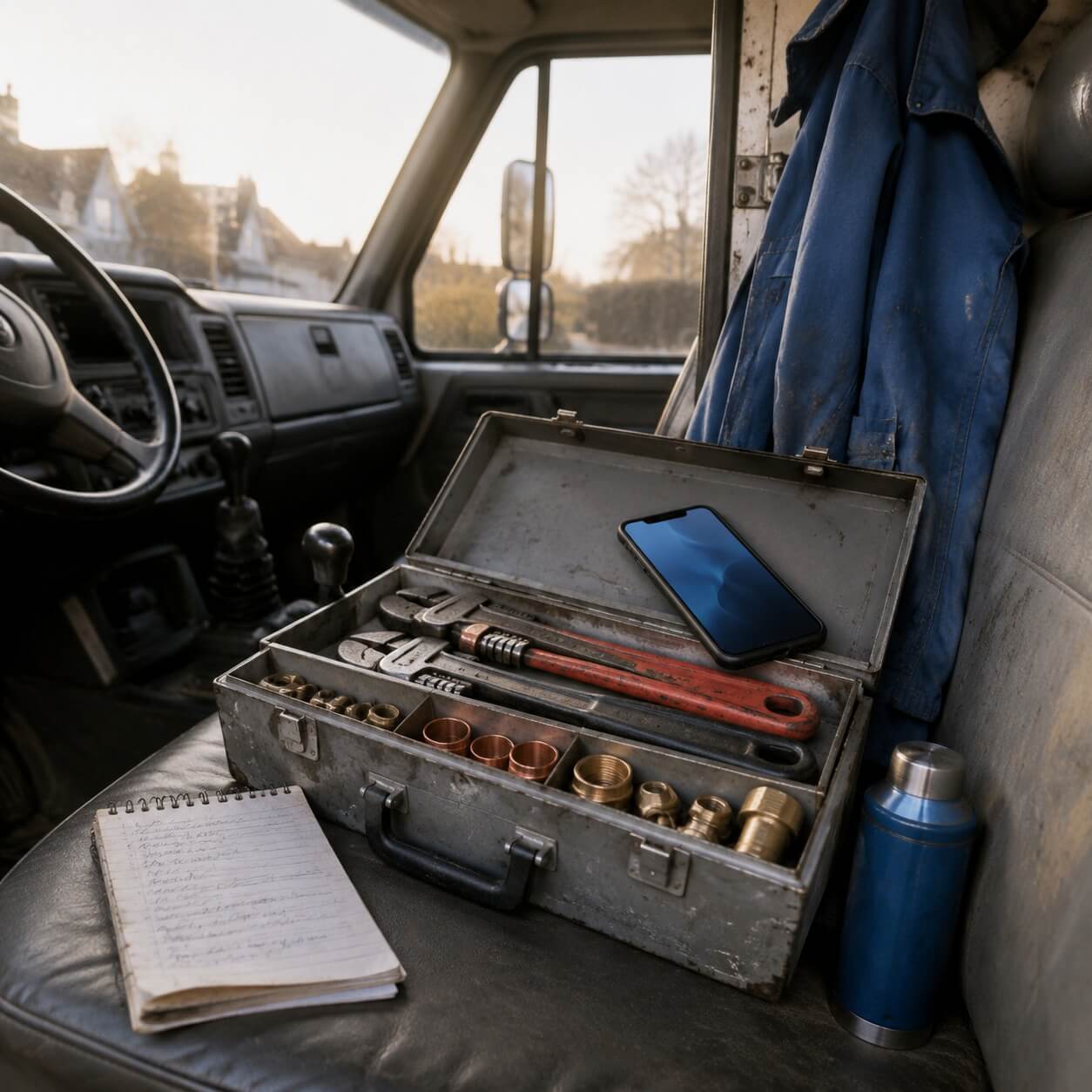 Loodgieter-werkbus van binnen: opengevouwen gereedschapskoffer met sleutels en koppelingen, een notitieblok met handgeschreven adressen (geen leesbare tekst), een blauwe werkjas opgehangen aan een haakje, een thermosfles op de stoel, en een matzwart smartphone met een soft blue wallpaper op het scherm, ochtendlicht door de voorruit, geen mensen in beeld, realistische werkbus-sfeer