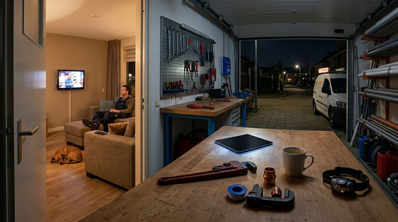 Werkbalie close-up: tablet face-up met een Google Bedrijfsprofiel openingstijden-scherm (geblurde tekst), een grote Stillson-pijpsleutel, een rol PTFE-tape, een afgewerkte koperen koppeling en een mok dampende koffie op een houten werkbank, blauwe halve nacht door het raam