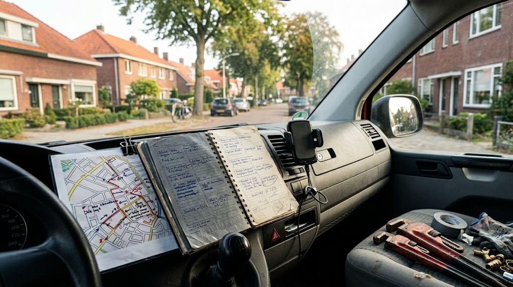 Moersleutel en werkplanning op een loodgieterswerkbank