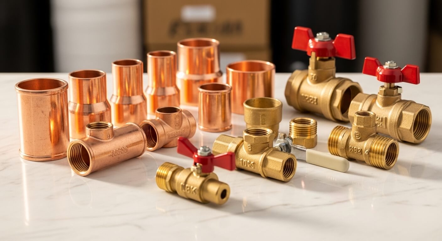 Loodgieter gereedschap op een werkbank met koperen buizen