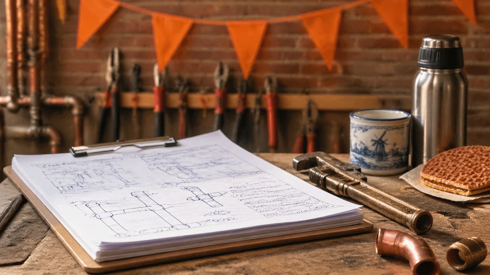 Notitieboek met handgeschreven planning op tafel naast oranje Koningsdag-decoratie en een stroopwafel