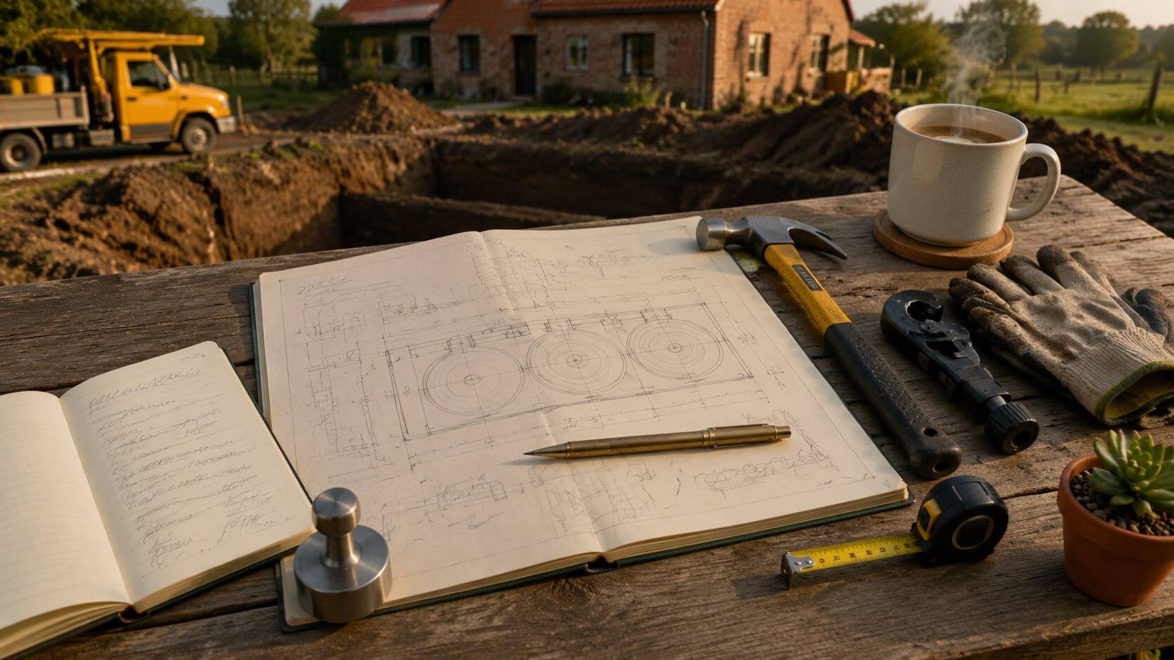 Buitengebied-installatie: IBA-tank uitgegraven met loodgieter-tools, blueprint en notitieboek op een werktafel langs de bouwput
