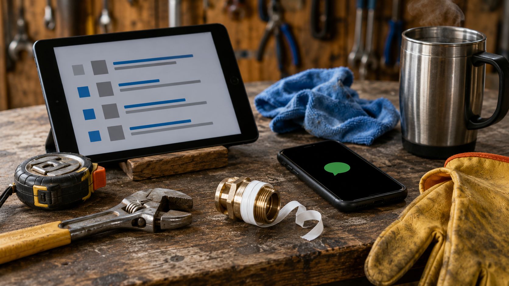 Loodgieter-werkbank close-up direct na een klus: een tablet met een ingevuld werkbon-formulier toont alleen abstracte cijfer- en checkblokken op het scherm zonder leesbare tekst, ernaast een opgerold meetlint, een geel-zwarte buigtang, een matzwarte smartphone met whatsapp-icoon op het lock-screen (geen leesbare tekst), een gebruikt blauw poetslapje, een gele werkhandschoen half over de rand, een opengeschroefde messing-koppeling met sporen van fris-aangebrachte teflontape, een halflege thermosbeker koffie, alles op een houten werkbank met diffuus middagdaglicht, kleurpalet blauw-wit-chroom met oranje accent op het meetlint en de werkhandschoen, geen mensen in beeld, geen logo's