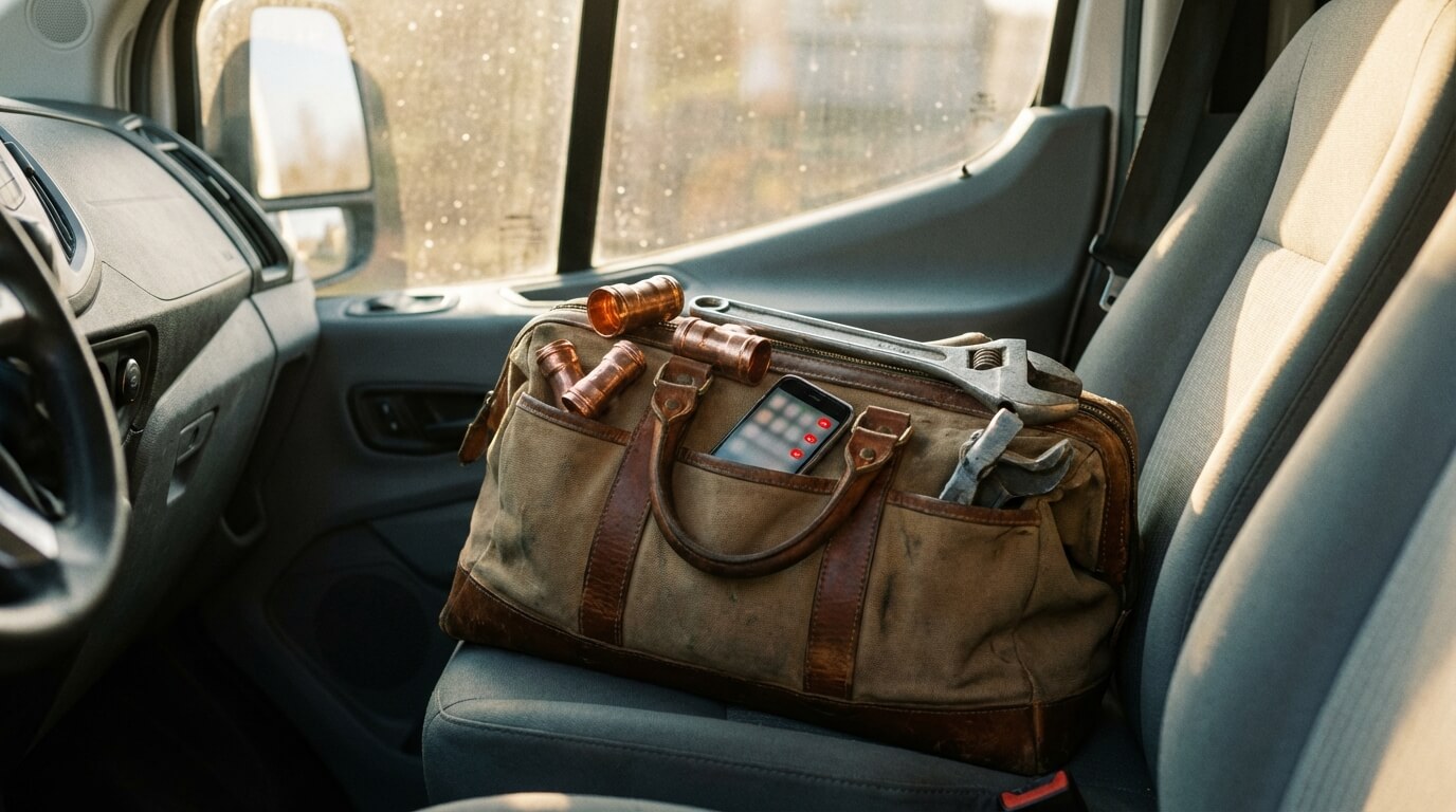 Gereedschapstas van een loodgieter in een bestelbus