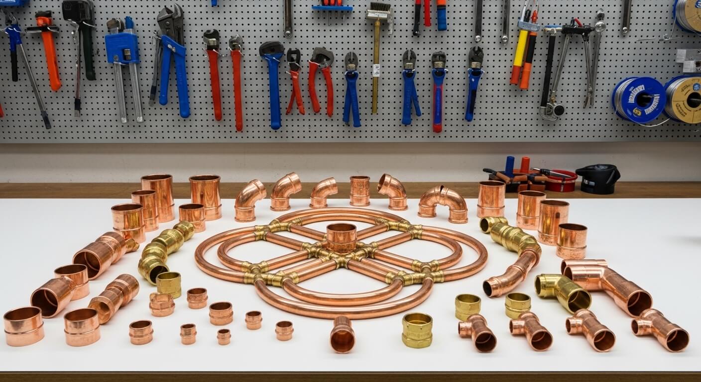 Koperen leidingwerk en fittingen op werkbank