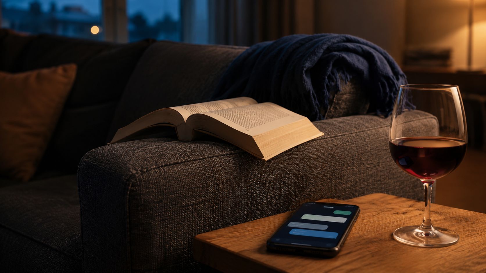 Smartphone met oplichtende chatmelding op de armleuning van een bank, naast een wijnglas en een opengeslagen boek in avondlicht