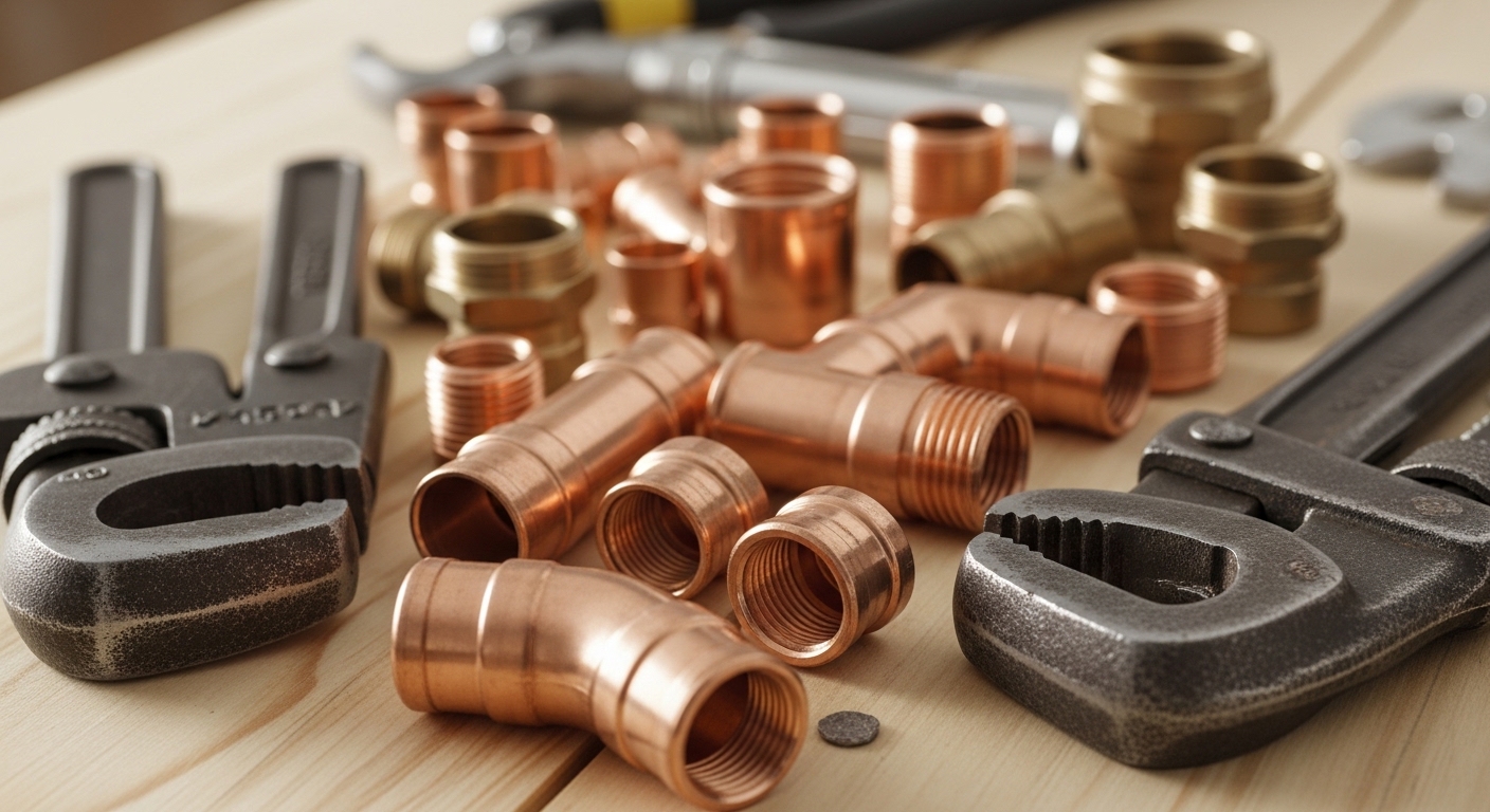 Loodgietergereedschap netjes uitgestald op een werkbank