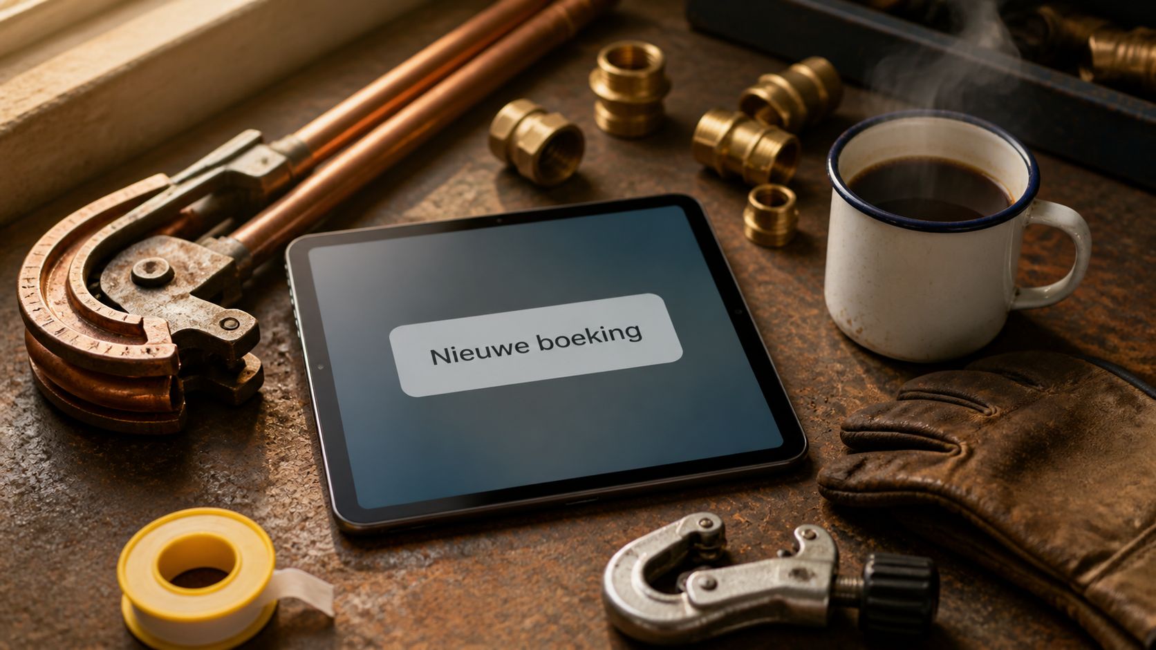 Werkbank van een loodgieter met buigijzer, koppelingen, tablet met Google Bedrijfsprofiel en koffie