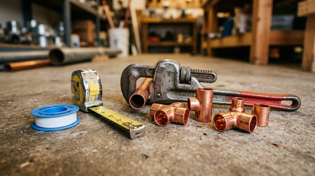 Loodgietersgereedschap op een werkbank