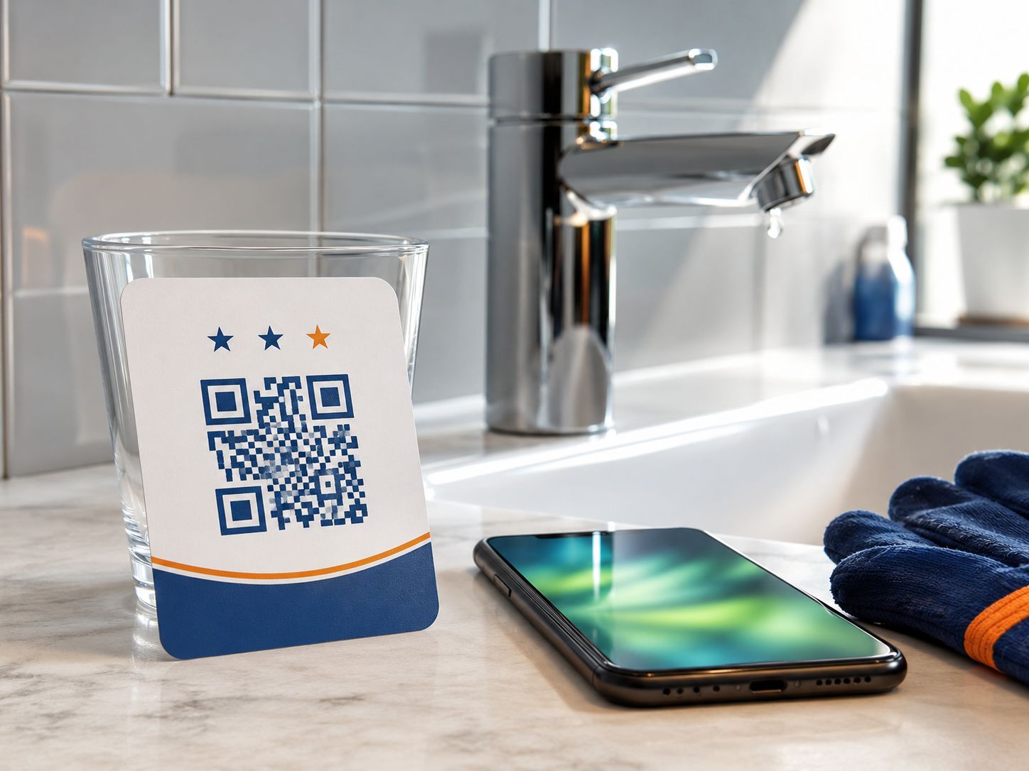 Loodgieter houdt een review-kaartje met QR-code en logo naast een net gerepareerde kraan