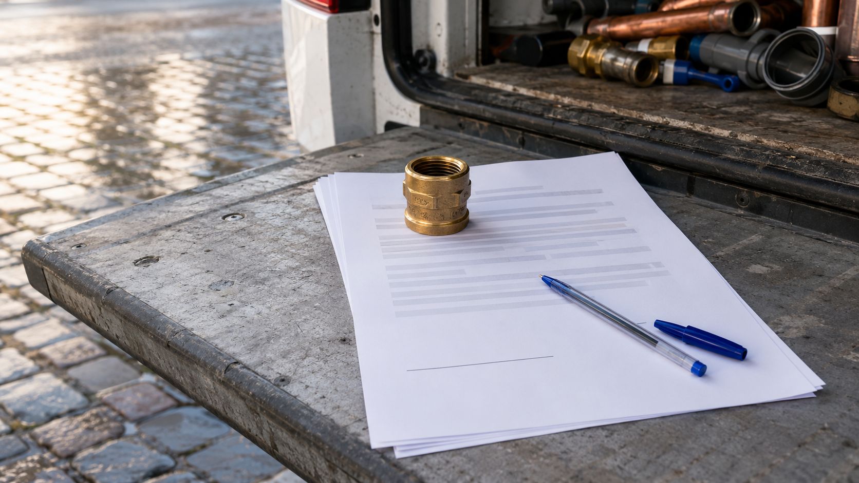 Offerte van een loodgieter op een werkbank naast gereedschap en koperen fittingen