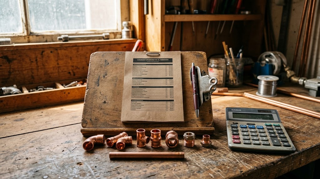 Werkbon en gereedschap op een loodgieterswerkbank