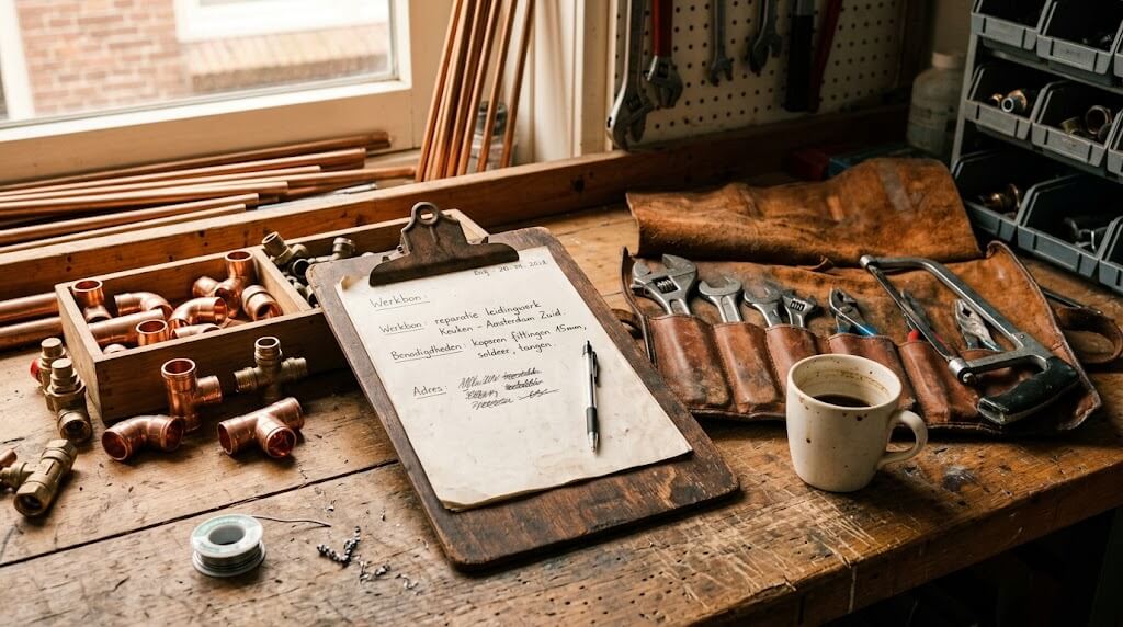 Gereedschap en werkbon op een houten werkbank van een loodgieter