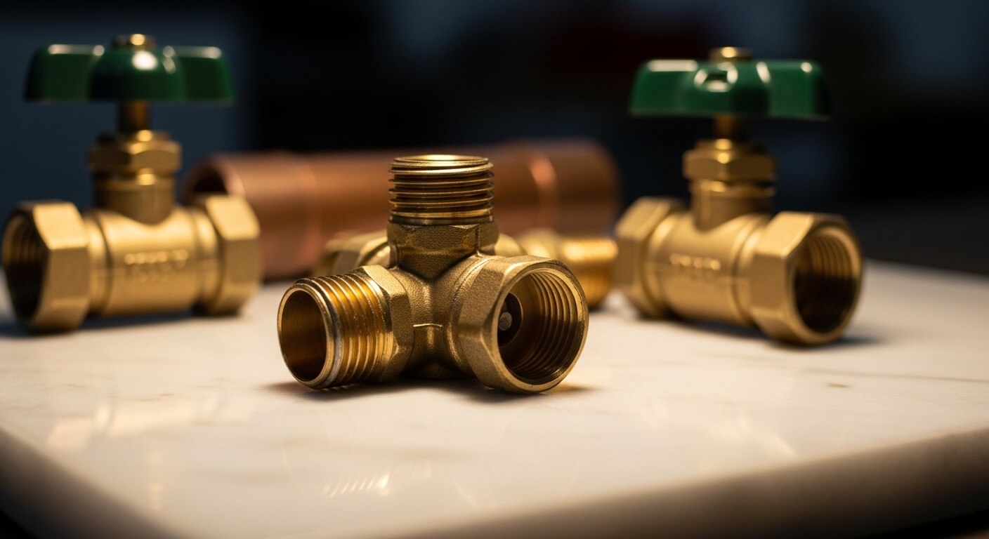 Loodgietergereedschap netjes uitgestald naast koperen buizen en fittingen