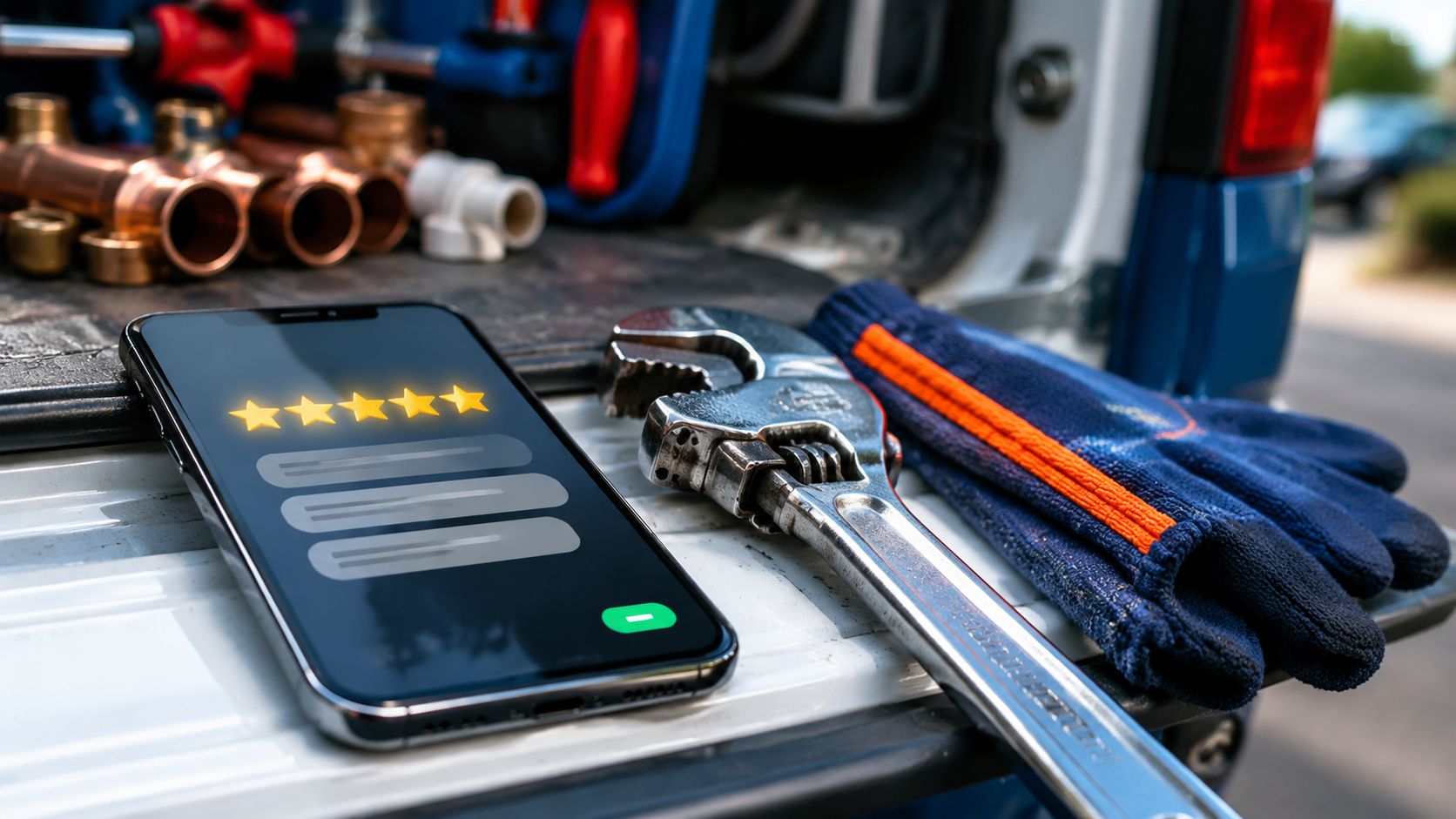 Loodgieter beantwoordt een Google review op een laptop op de werkbank, met AI-tekstsuggestie in beeld