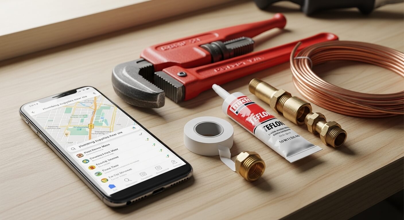 Smartphone met Google zoekresultaten naast loodgietersgereedschap