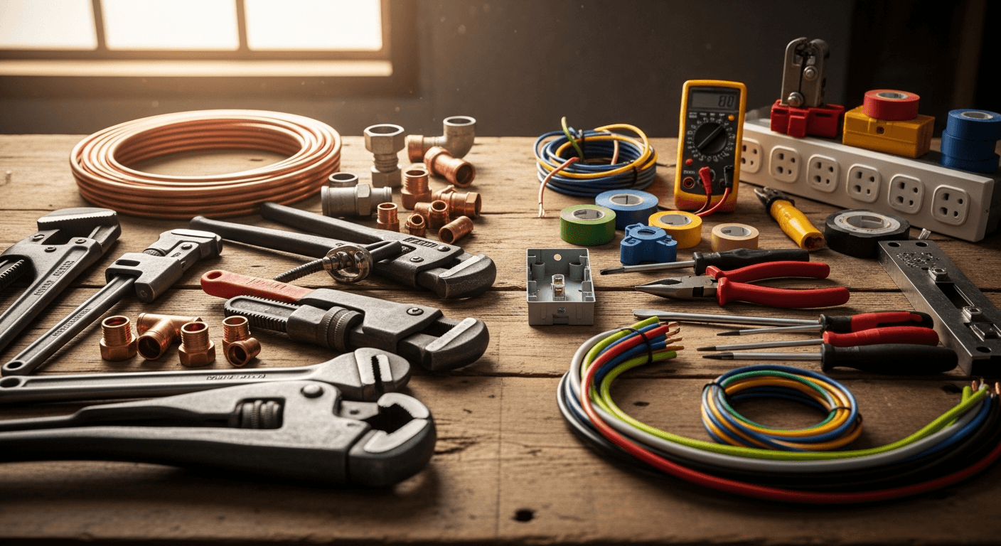 Professioneel gereedschap van loodgieter en elektricien samen op werkbank