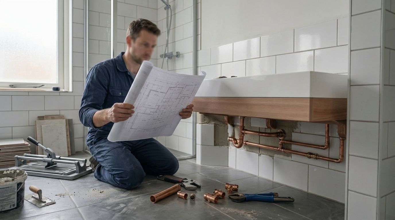 Loodgieter werkt in een badkamer-renovatie aan koperleidingen onder een wastafel-frame, met gereedschap op de grond