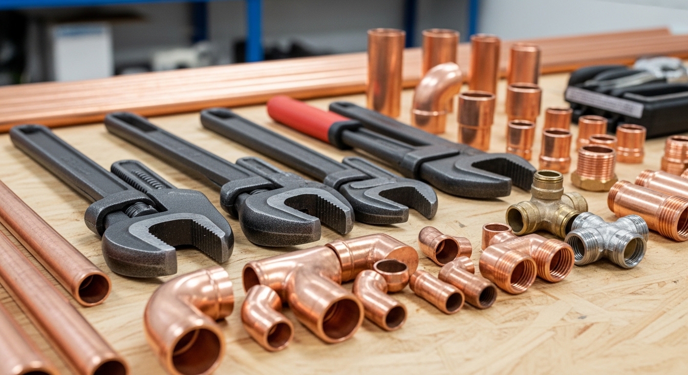 Loodgietergereedschap op een werkbank