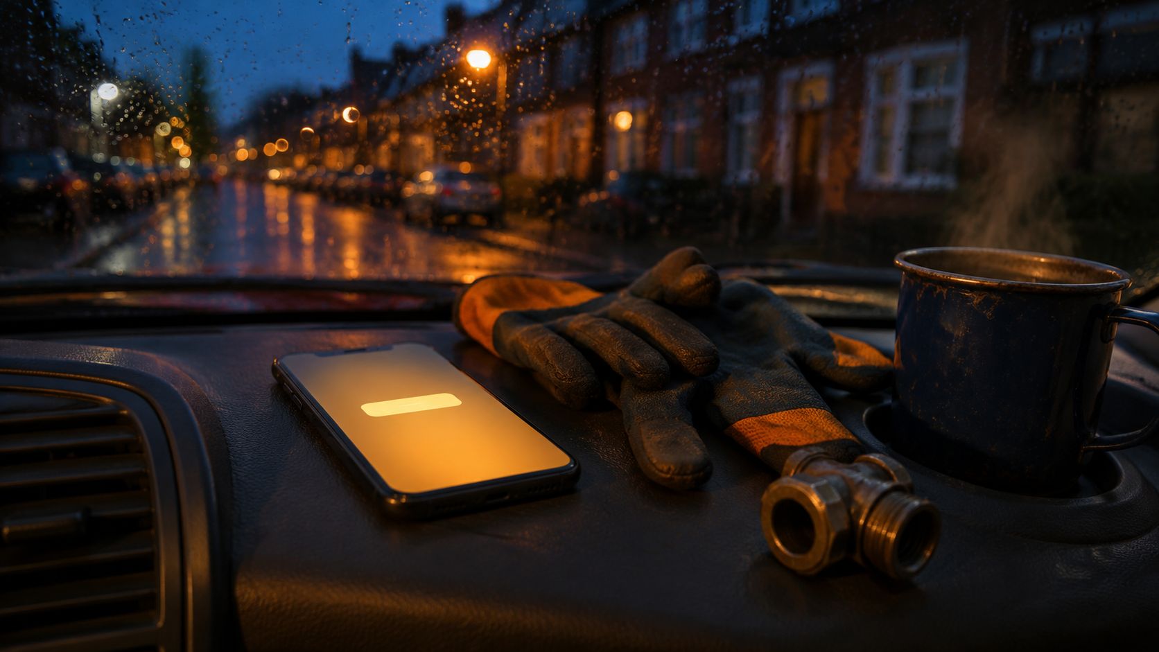 Notitieblok met het spoedscript en een telefoon met inkomende avondoproep op de werkbank van een loodgieter