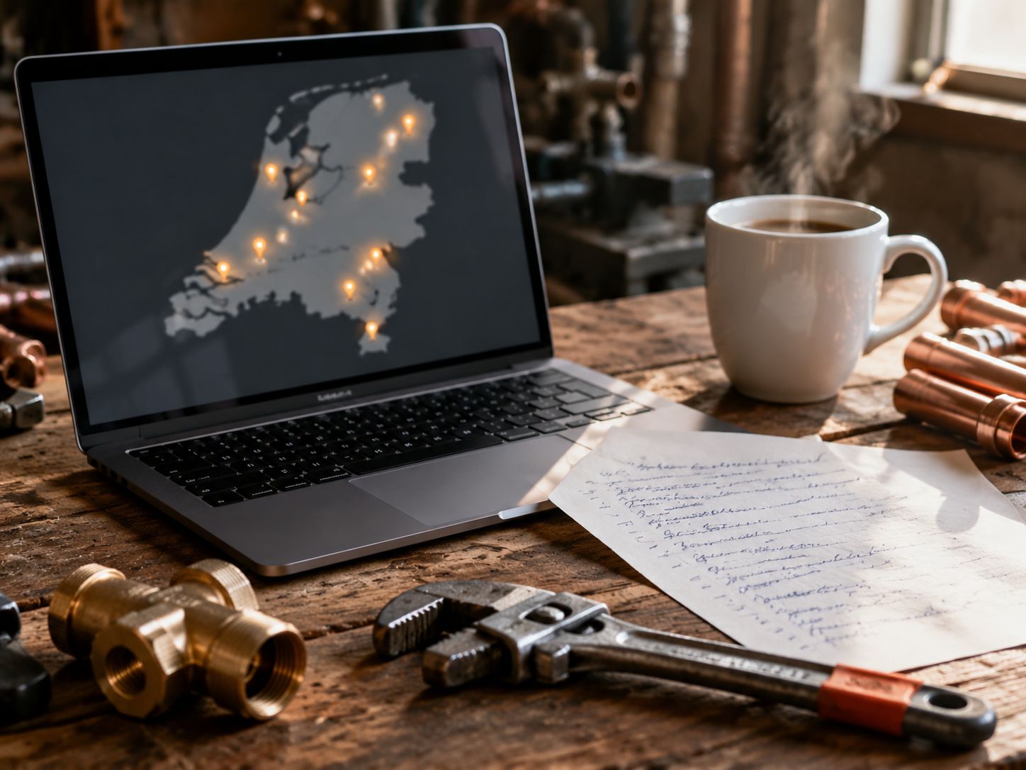 Loodgieter bekijkt op een laptop aan een werkbank een kaart van Nederland met markeringen bij verschillende steden, koperen buizen en een pijptang naast de laptop in helder werkplaatslicht