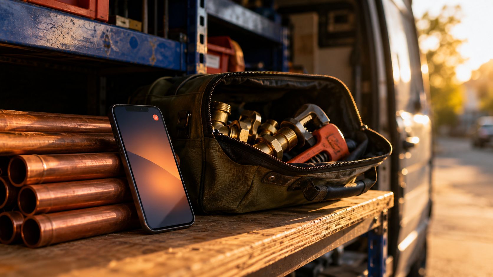 Smartphone met binnenkomende melding tussen koperen leidingen en een gereedschapstas in een loodgietersbus