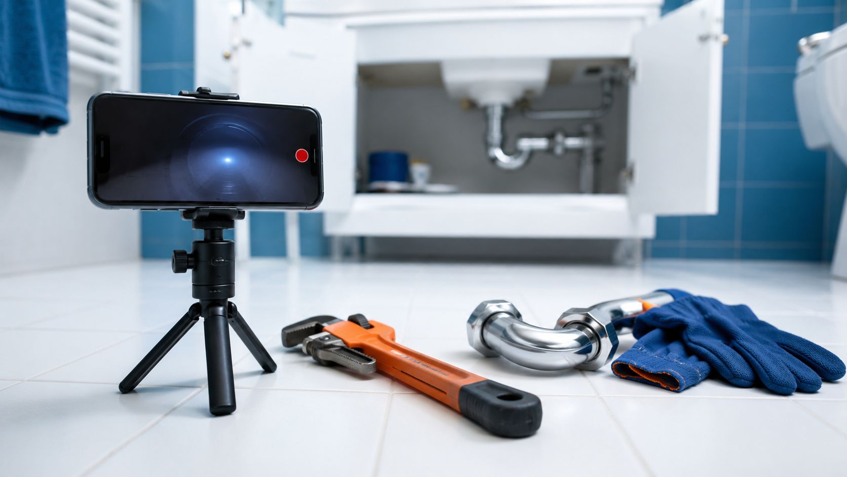 Loodgieter filmt een klus met zijn telefoon op een klein statief in een badkamer