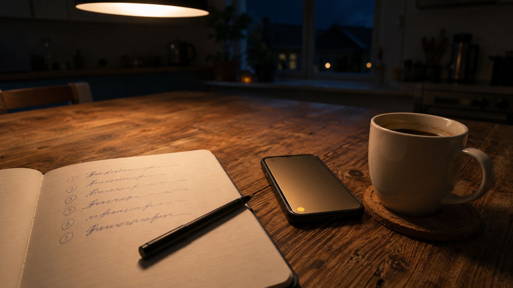 Notitieblok met handgeschreven lijst, pen, telefoon en een mok koffie op een keukentafel bij avondlicht