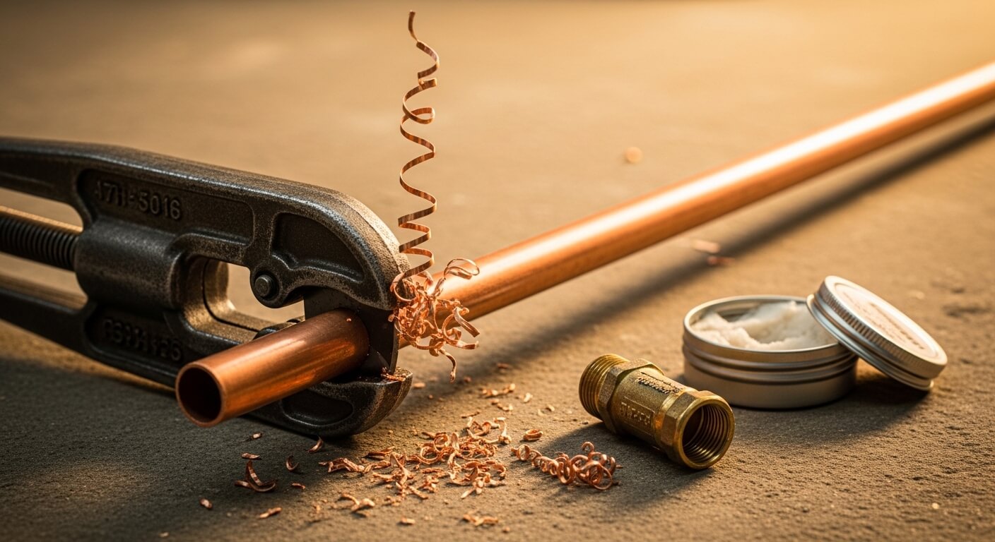 Loodgietergereedschap op een werkbank naast koperen buizen en fittingen