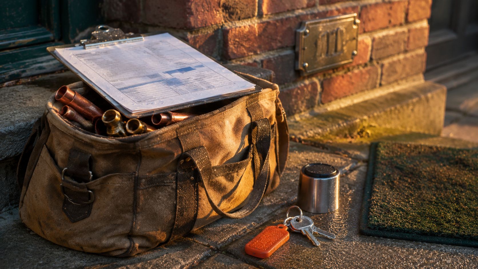 Close-up bij dageraad van de stenen stoep van een Nederlandse rijtjeswoning: een versleten tan canvas loodgieterstas staat open met koperen pijpjes en messing fittingen, daarop een metalen klembord met een werkbon die alleen abstracte blokken toont zonder leesbare tekst, ernaast een bos bussleutels met een oranje sleutelhanger en een rvs thermosdop, een donkergroene deurmat en een verweerde rode bakstenen muur met een messing huisnummerplaatje, warm laag ochtendlicht van rechts, kleurpalet baksteenrood, groen en warm amber met een oranje accent, geen mensen in beeld, geen logo's, geen leesbare tekst