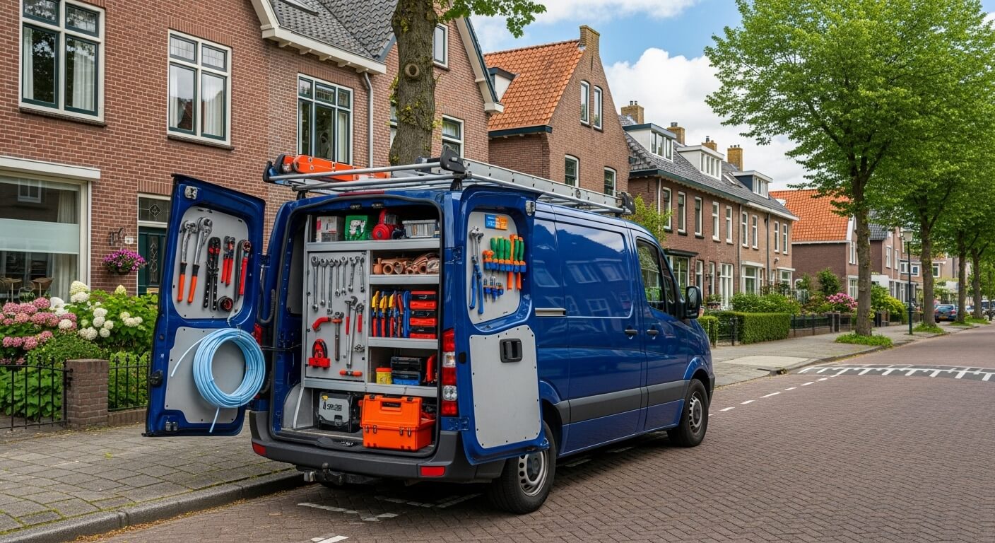 Professionele loodgieterbus op een Nederlandse straat