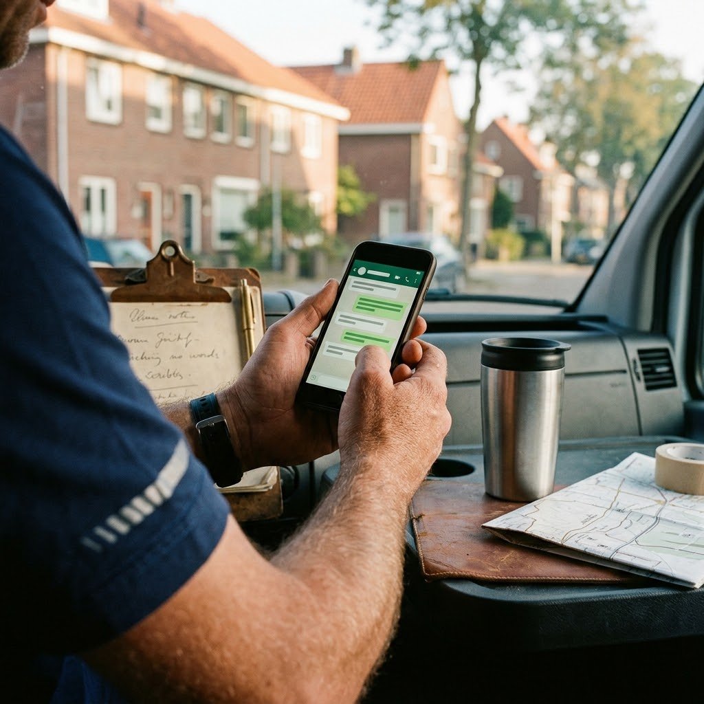 Loodgieter-eigenaar op werkbusje-bestuurderstoel met smartphone in WhatsApp Business chat-interface