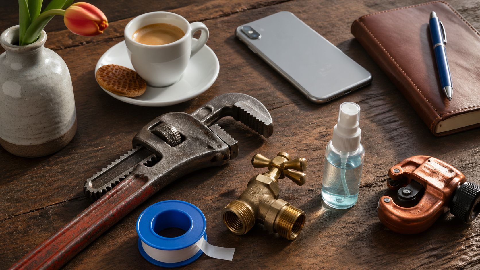 Loodgieter werkbank close-up: pijpsleutel, gereedschap, smartphone met WhatsApp-knop op tafel, koffiebeker en notitieblok in zacht daglicht