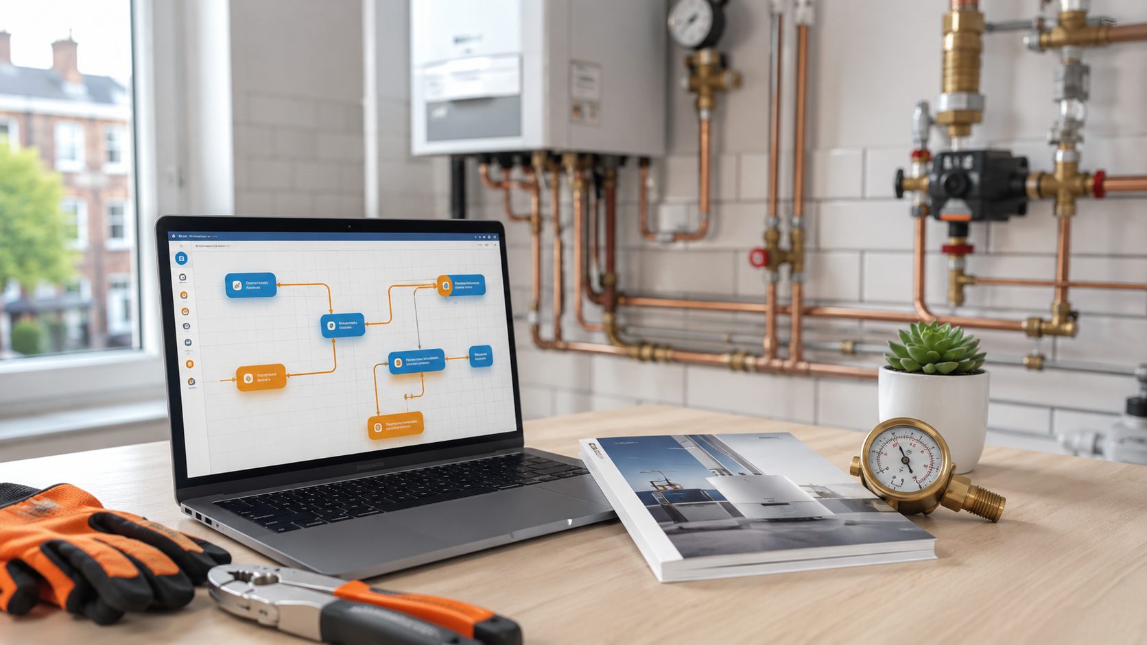 Workflow-builder canvas voor loodgieters — geautomatiseerde flows op laptop scherm