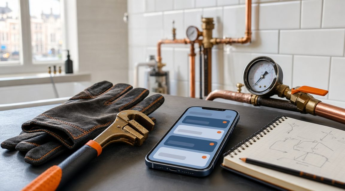 Flat-lay automatisering tools voor loodgieters — workflow cards en gereedschap