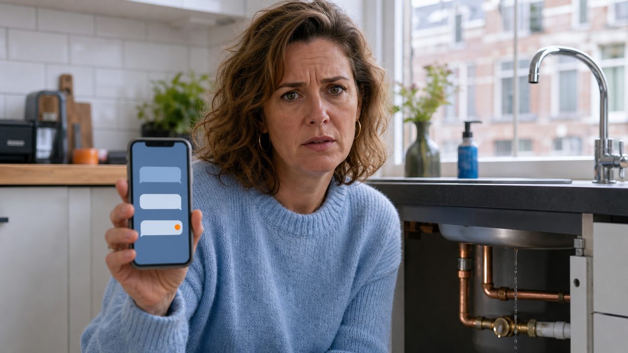 AI chatbot voor loodgieters — homeowner stelt vraag via chat in dutch keuken
