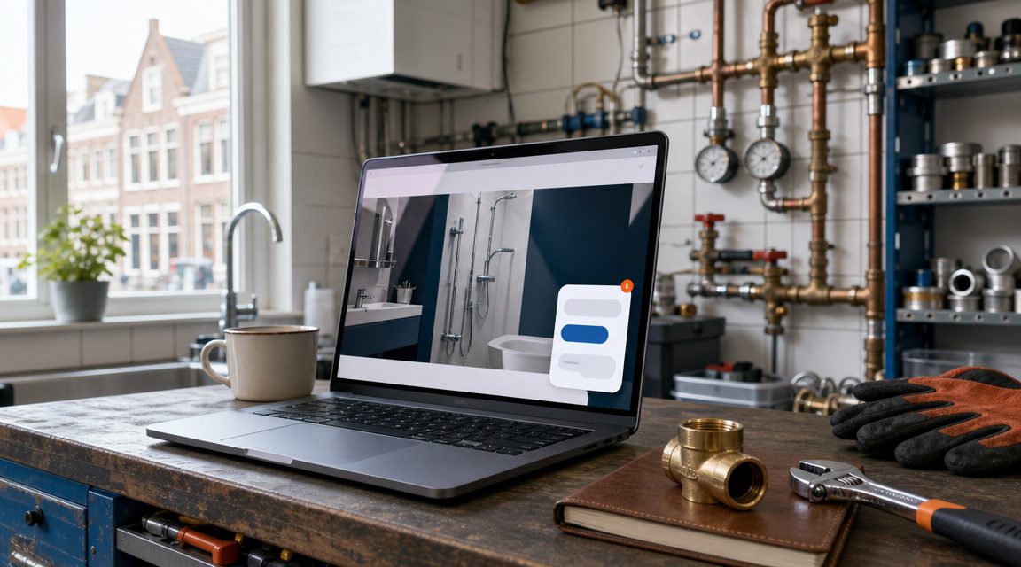 Laptop met chatbot widget voor loodgieter website