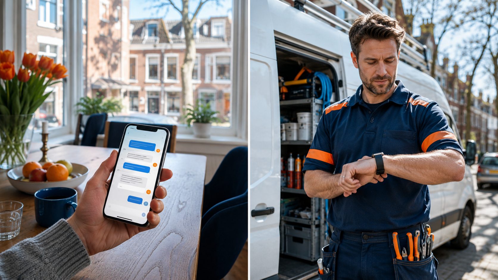 Klant chat met loodgieter chatbot, loodgieter krijgt notificatie op horloge