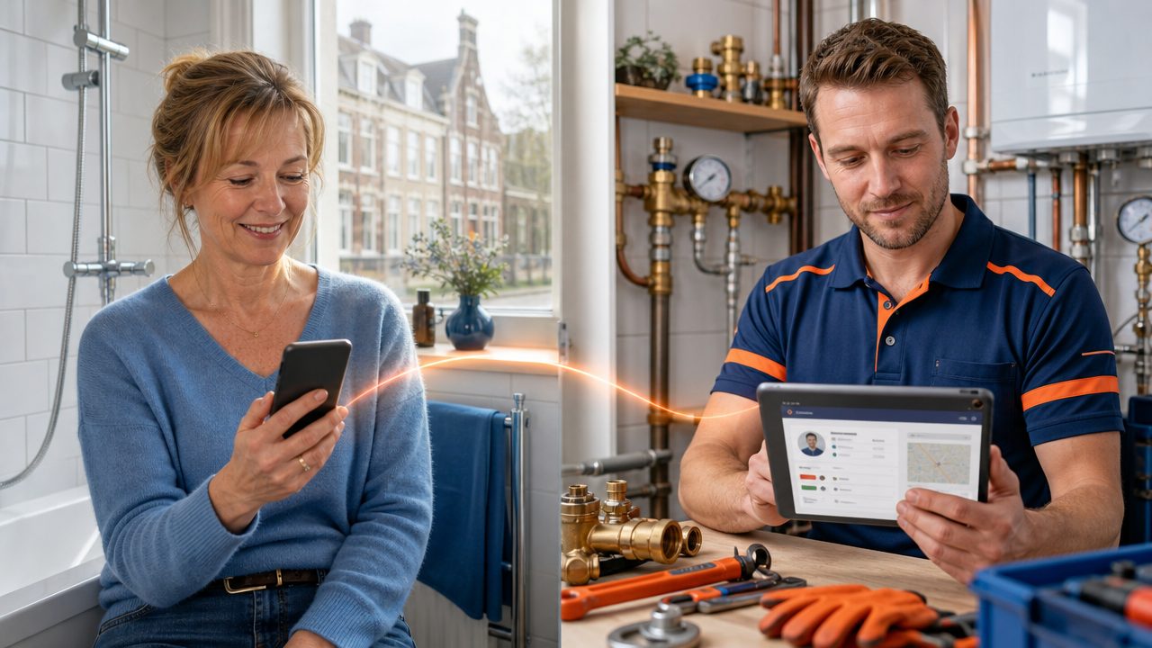 Klant en loodgieter verbonden via CRM — klantprofiel op tablet