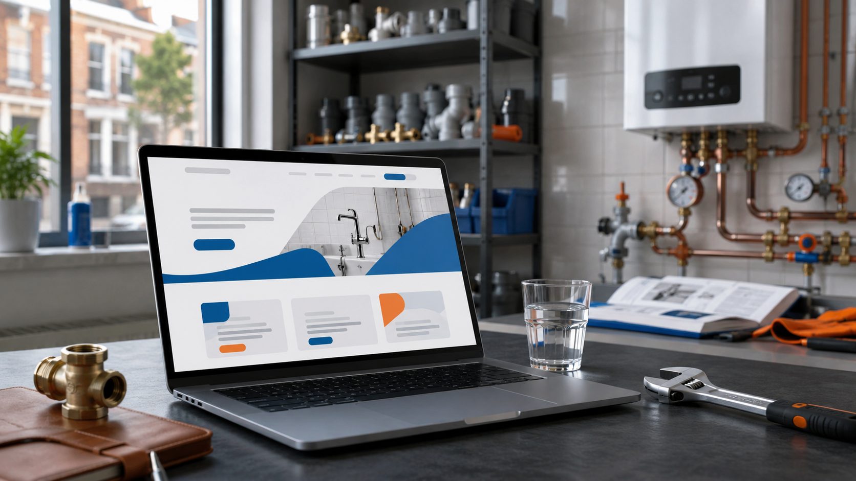 Gratis website voor loodgieters — laptop met website design op werkbank