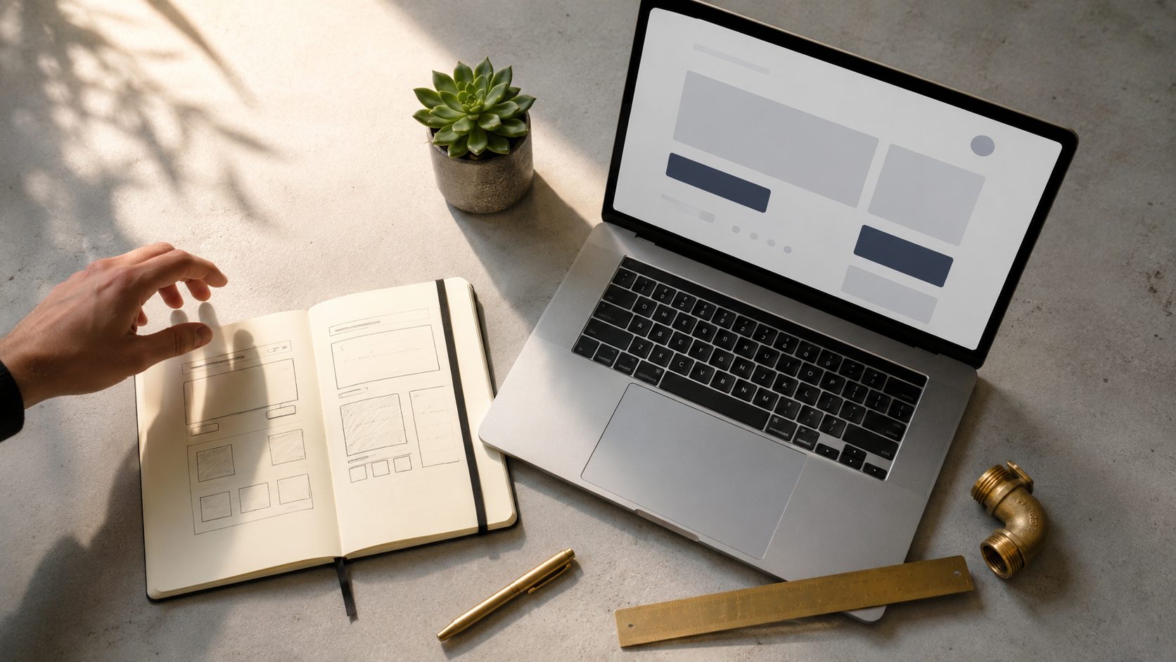 Top-down flat-lay van loodgieter website ontwerpproces met wireframe schetsen