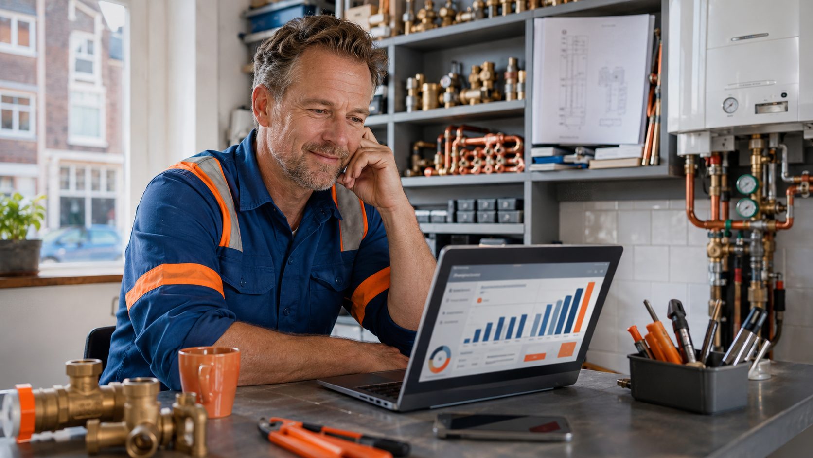 Loodgieter eigenaar bekijkt review analytics dashboard op laptop