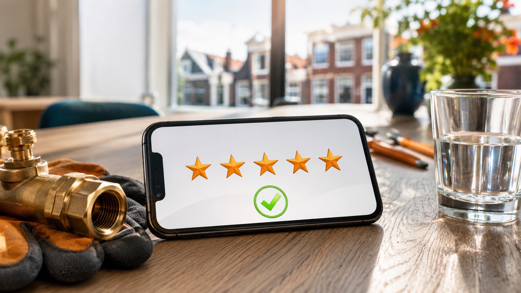 5-sterren review op smartphone in dutch keuken — Google review na loodgieter klus